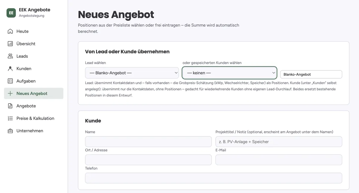 Angebotsprogramm für EEK: Leads, Angebote und Aufgaben an einem Ort
