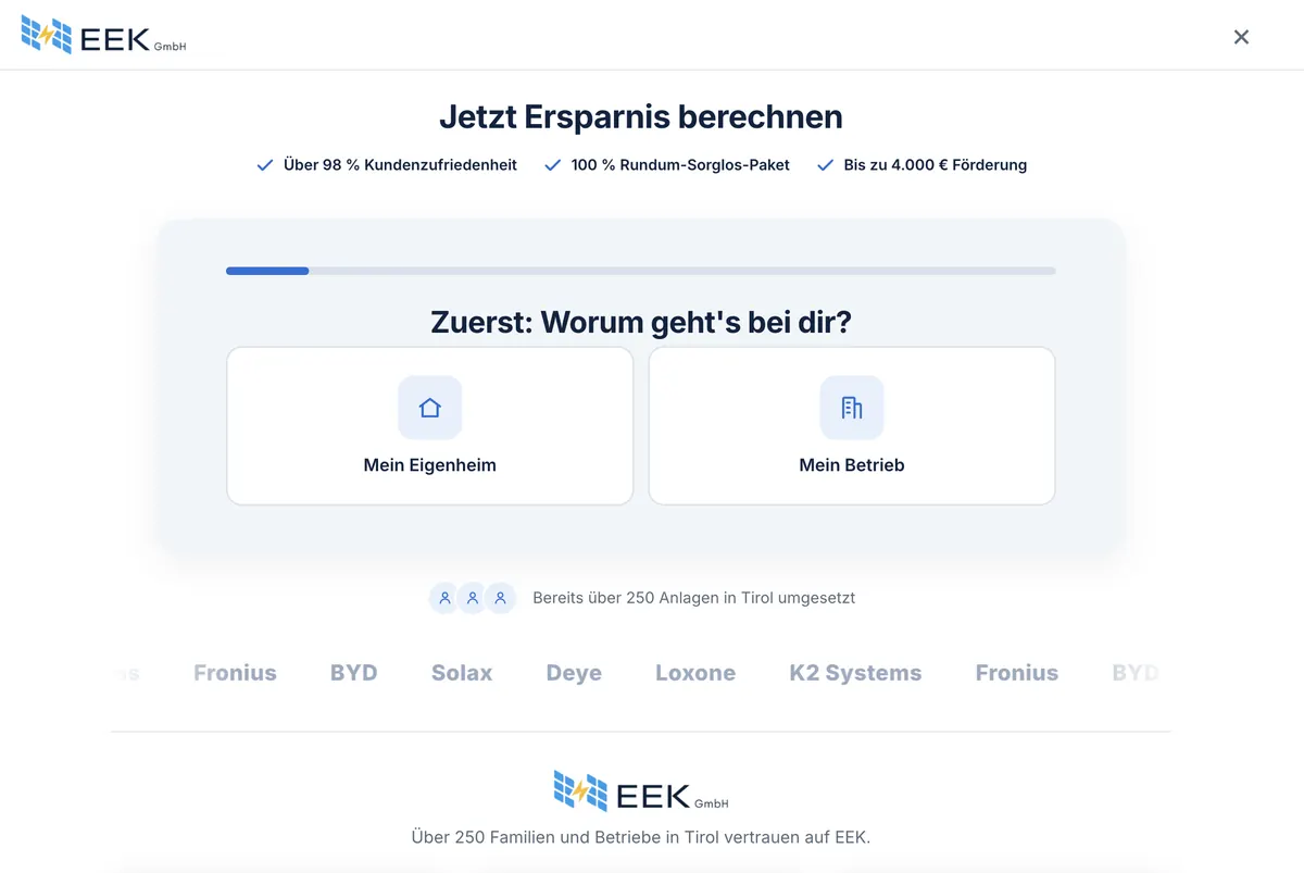 Ersparnis-Rechner im PV-Quizfunnel von EEK Elektrotechnik Klocker