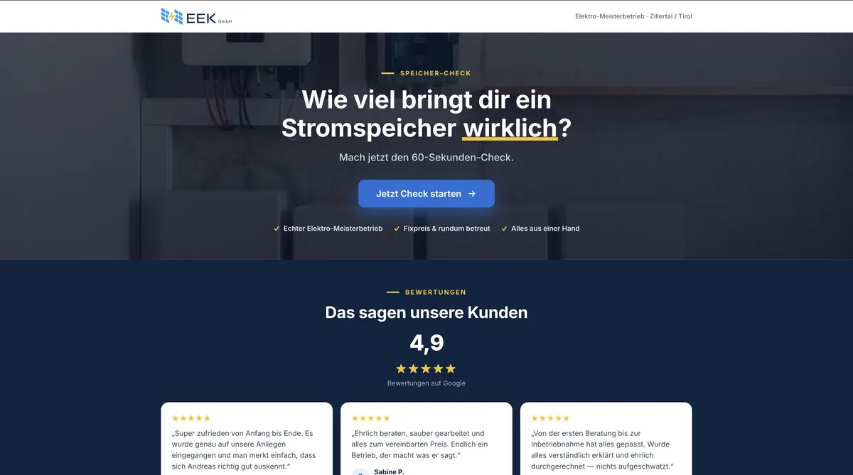 Quizfunnel Speicher-Check für EEK Elektrotechnik Klocker, Photovoltaik Tirol