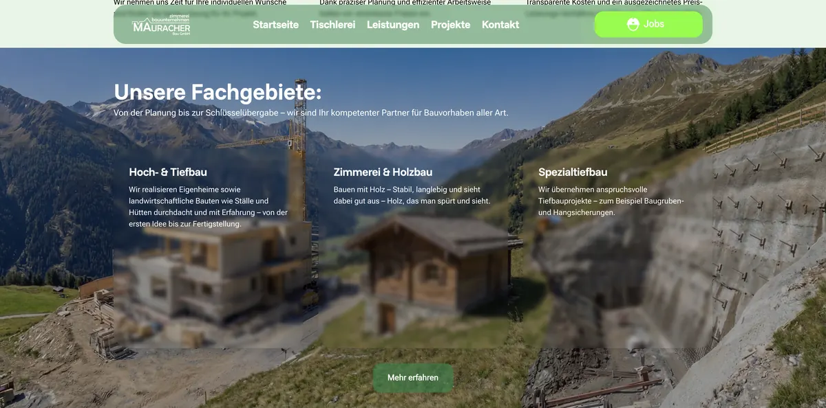 Leistungsseite der Webseite von Mauracher Bau