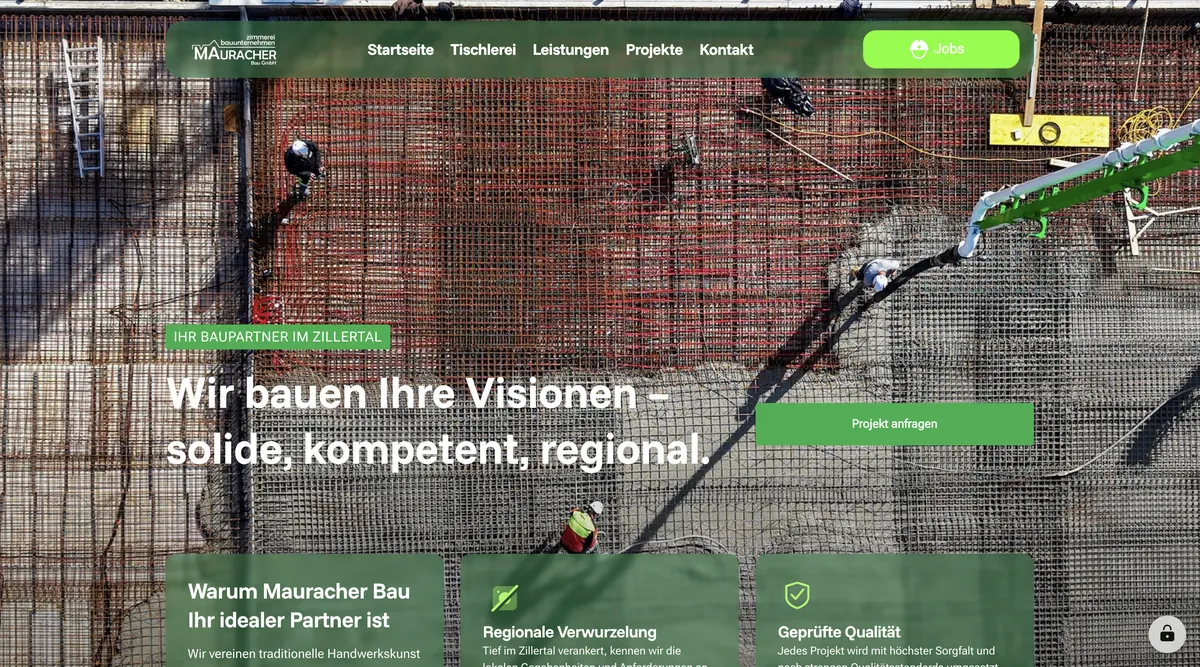 Webseite mit Bewerbungsformular für Mauracher Bau